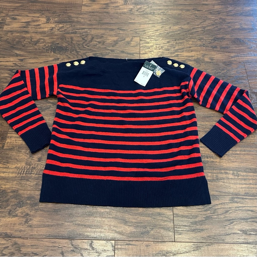 NWT LAUREN RALPH LAUREN Womens 100% Cashmere Striped Crew Sweater Small Olympics